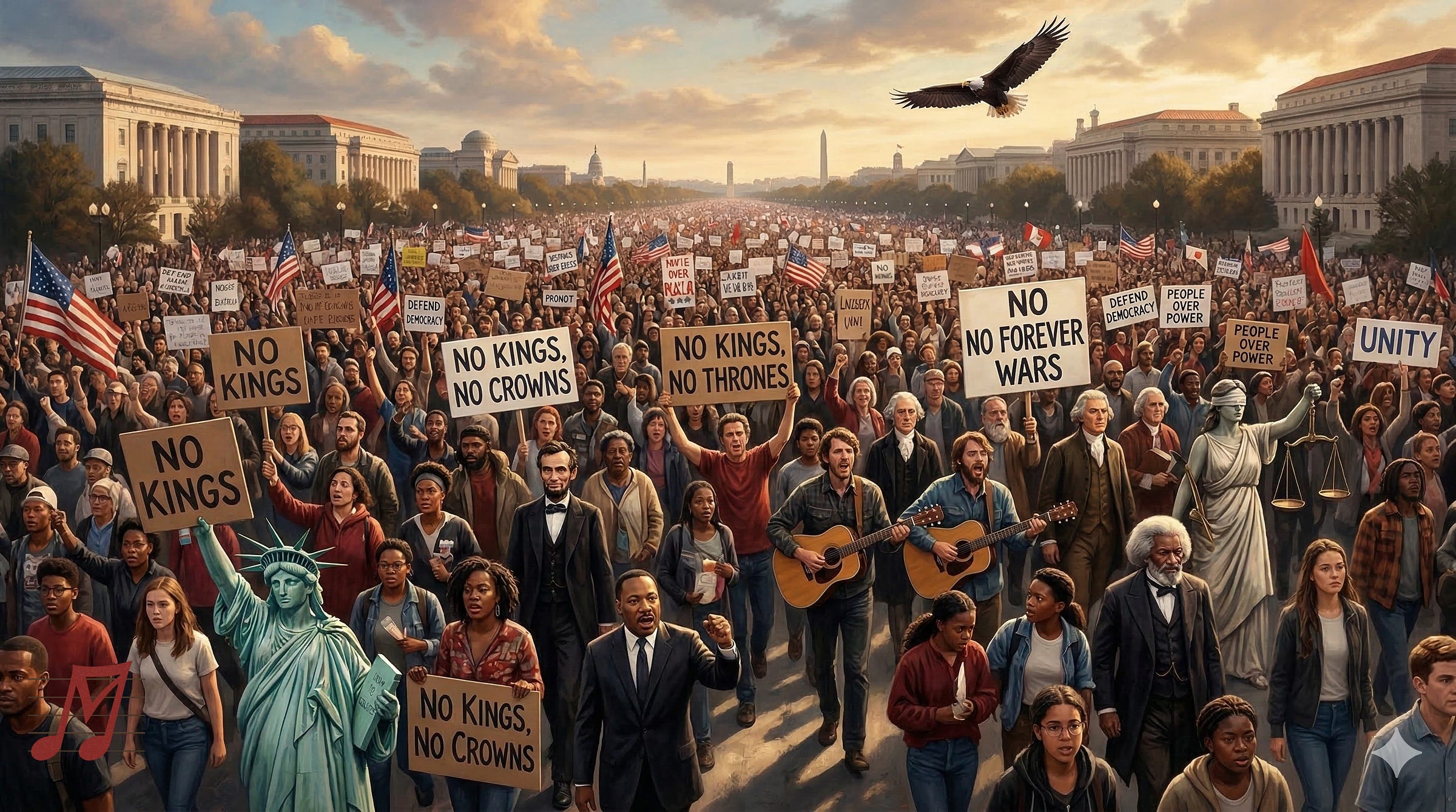 A wide, panoramic photograph of a massive, diverse protest march on the National Mall in Washington D.C., facing the Washington Monument and the Capitol Building under a partly cloudy sky. The crowd includes various historical and symbolic figures marching together with everyday citizens. Prominent in the foreground are Abraham Lincoln, Martin Luther King Jr., multiple depictions of Frederick Douglass, and a figure of George Washington. Also present are a figure of Blind Justice with scales, a small Statue of Liberty statue, and two folk musicians with acoustic guitars. Participants carry numerous hand-lettered signs with messages such as: 'NO KINGS', 'NO KINGS, NO CROWNS', 'NO KINGS, NO THRONES', 'DEFEND DEMOCRACY', 'NO FOREVER WARS', 'PEOPLE OVER POWER', and 'UNITY'. Several American flags are carried, and a bald eagle soars overhead. The historical architecture of Washington D.C. lines the sides of the march. A wide, panoramic photograph of a massive, diverse protest march on the National Mall in Washington D.C., facing the Washington Monument and the Capitol Building under a partly cloudy sky. The crowd includes various historical and symbolic figures marching together with everyday citizens. Prominent in the foreground are Abraham Lincoln, Martin Luther King Jr., multiple depictions of Frederick Douglass, and a figure of George Washington. Also present are a figure of Blind Justice with scales, a small Statue of Liberty statue, and two folk musicians with acoustic guitars. Participants carry numerous hand-lettered signs with messages such as: 'NO KINGS', 'NO KINGS, NO CROWNS', 'NO KINGS, NO THRONES', 'DEFEND DEMOCRACY', 'NO FOREVER WARS', 'PEOPLE OVER POWER', and 'UNITY'. Several American flags are carried, and a bald eagle soars overhead. The historical architecture of Washington D.C. lines the sides of the march.
