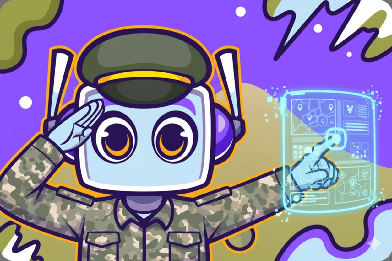 A rectangular image of the Neuralbuddy character, a light blue robot with large eyes and no mouth, wearing a military uniform and cap. It is saluting with one hand while the other hand touches a holographic tactical briefing display that shows maps and data. The background is a vibrant #8c52ff purple with an artistic gradient pattern incorporating green and white shapes, filling the entire canvas.