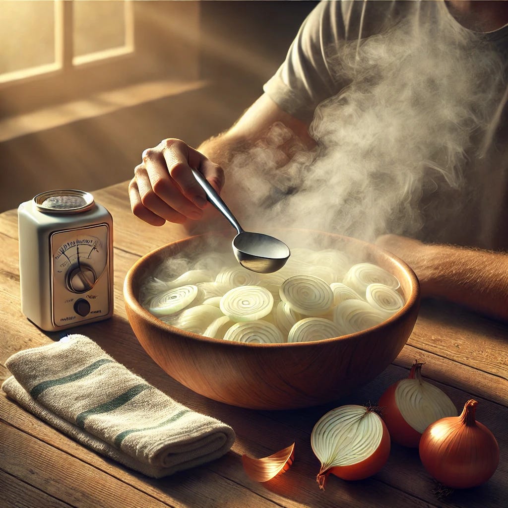 A highly realistic image of onion steam inhalation setup. A large bowl filled with steaming water and sliced onions is placed on a kitchen table. A towel and a pair of hands are ready to demonstrate the steam inhalation process. The setting is warm and inviting, with natural lighting from a nearby window.
