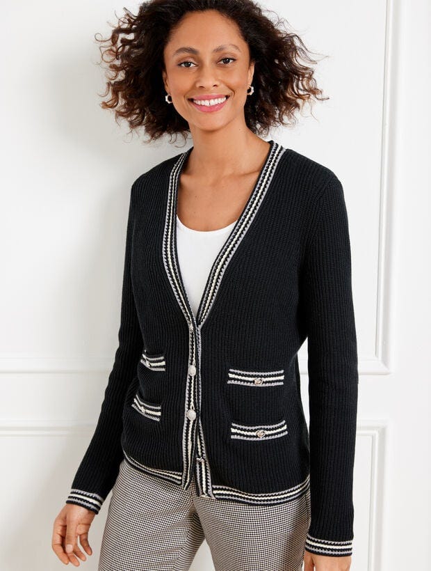 Women's Petite - Texture V-Neck Cardigan Sweater - Tipped Stripe - Black - Large - 100% Cotton Talbots