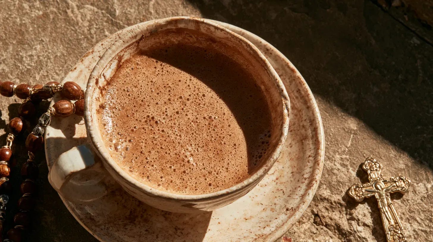 spanish hot chocolate with a rosary