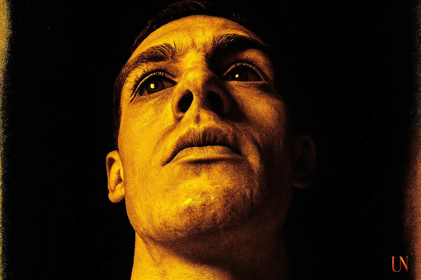 A worm’s-eye view portrait of a man’s face bathed in harsh golden-yellow light, his expression stern and looming. The lighting makes his skin appear jaundiced, evoking sickness and corruption, with deep shadows obscuring the background. A worm’s-eye view portrait of a man’s face bathed in harsh golden-yellow light, his expression stern and looming. The lighting makes his skin appear jaundiced, evoking sickness and corruption, with deep shadows obscuring the background.