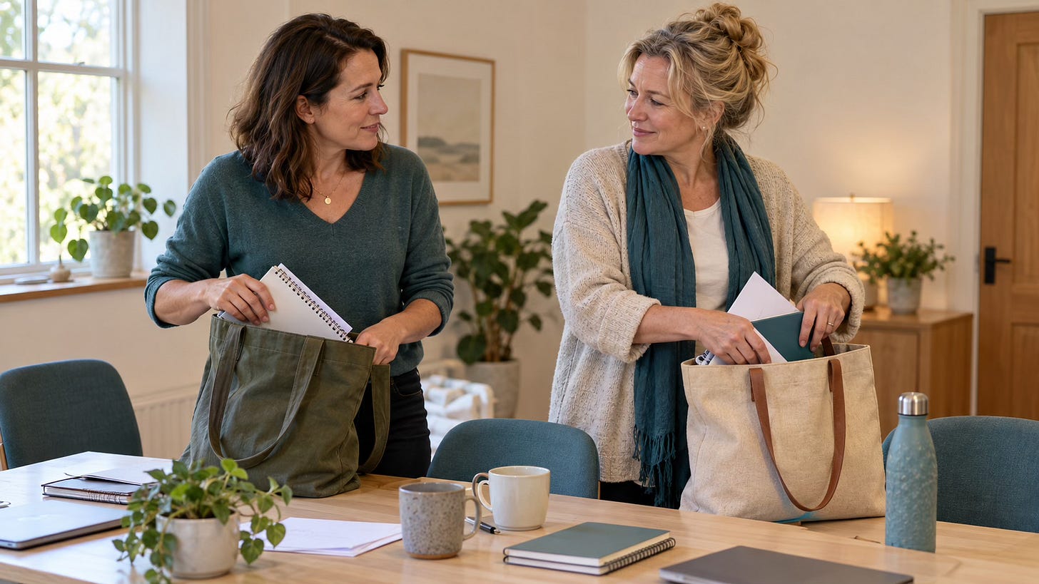 Two women talking beside a workshop table as they put notebooks and materials into their bags.