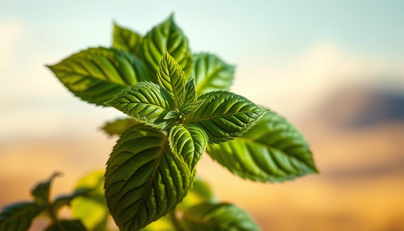 A close-up photograph of fresh, vibrant basil leaves against a soft, diffused background.