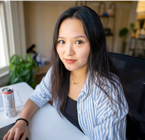 LEFT TO RIGHT: Planet Money editor Mary Childs, poet and critic Xuela Zhang, writer Rand Richards Cooper, New York Times writer Jasmine Sun, The Atlantic illustration about copyright and AI, and a humanoid robot (outlawed in China).