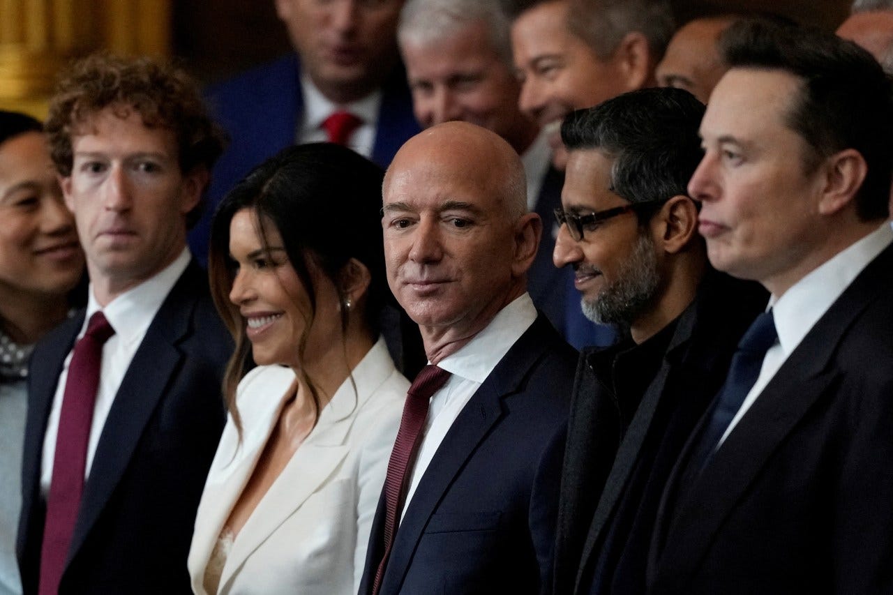Billionaires Mark Zuckerberg, Jeff Bezos, Sundar Pichai and Elon Musk in Washington on Jan. 20, 2025.