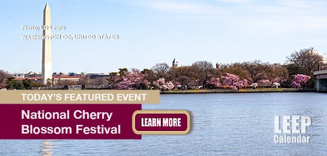 Washington DC cherry trees in bloom with the Jefferson Memorial and Washington Monument taken from the Potomac River—photo LD Lewis Washington DC cherry trees in bloom with the Jefferson Memorial and Washington Monument taken from the Potomac River—photo LD Lewis
