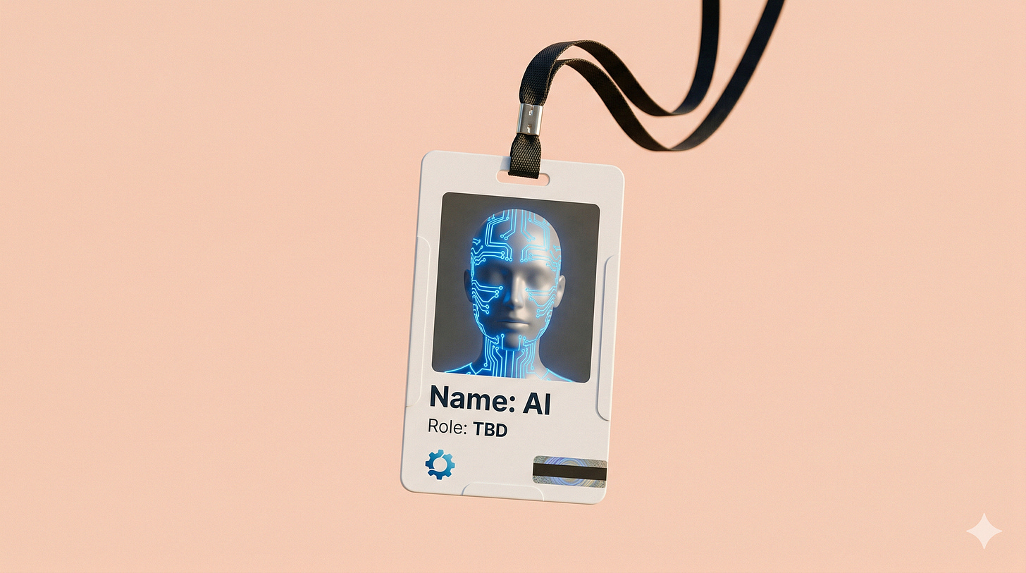 Blank desk nameplate with glowing blue circuit traces on warm cream background — AI accountability org chart | Leadership in Change by Joel Salinas