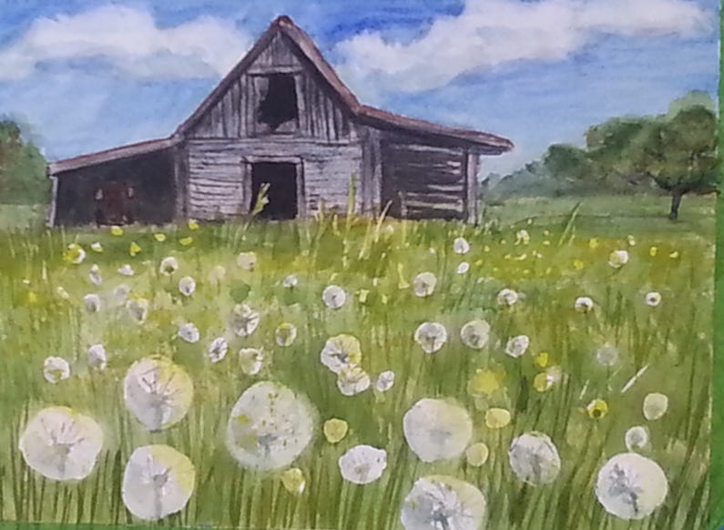 Old barn in the distance with a field of dandelion puffballs Old barn in the distance with a field of dandelion puffballs