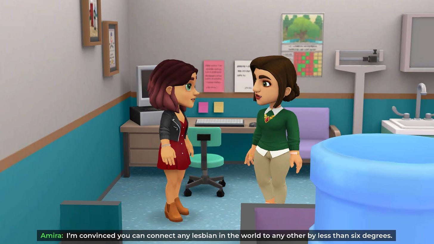 Uno screenshot da Wylde Flowers, dove una delle protagoniste, Amira, ci dice che i punti di connessione tra ogni lesbica nel mondo son ben meno di sei.