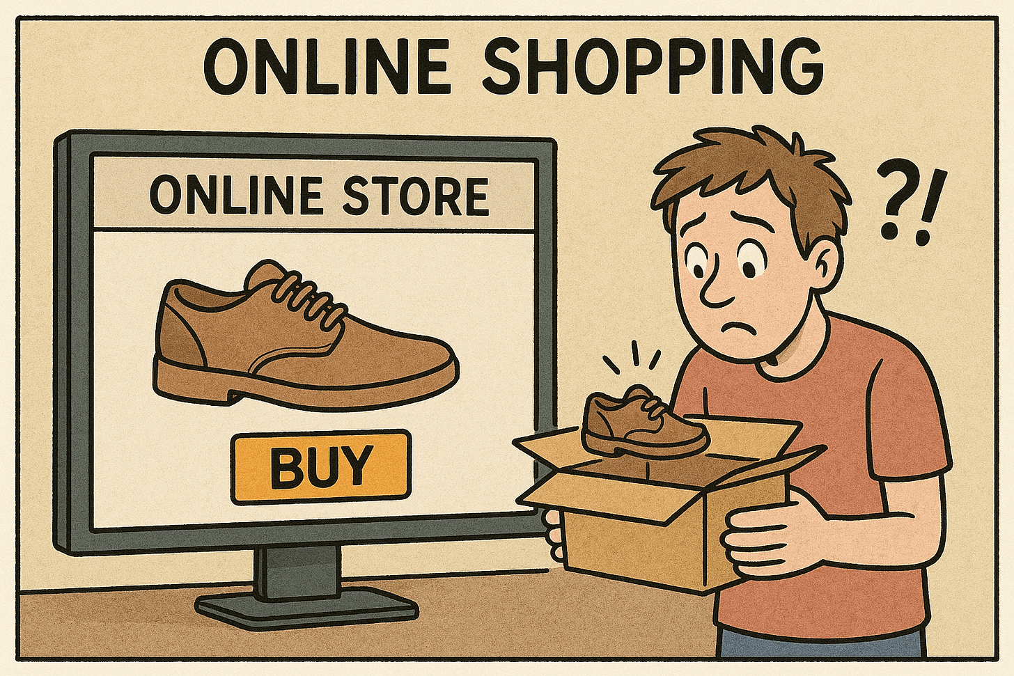 Cartoon of a man standing next to a computer screen labeled “ONLINE STORE” showing a normal-sized brown shoe with a “BUY” button. The man looks confused and holds an open box containing a tiny version of the same shoe, with “?!” above his head. The top of the image says “ONLINE SHOPPING.”