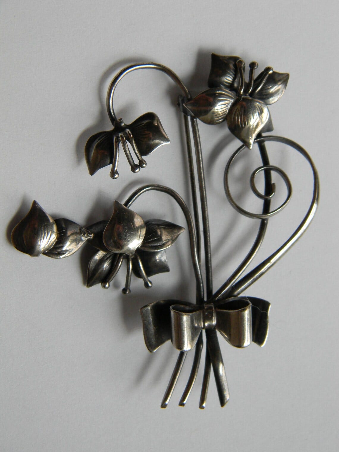 Art Deco 1940's Bouquet of Lilies Pin or Brooch Signed Lang Sterling Silver 925 image 1