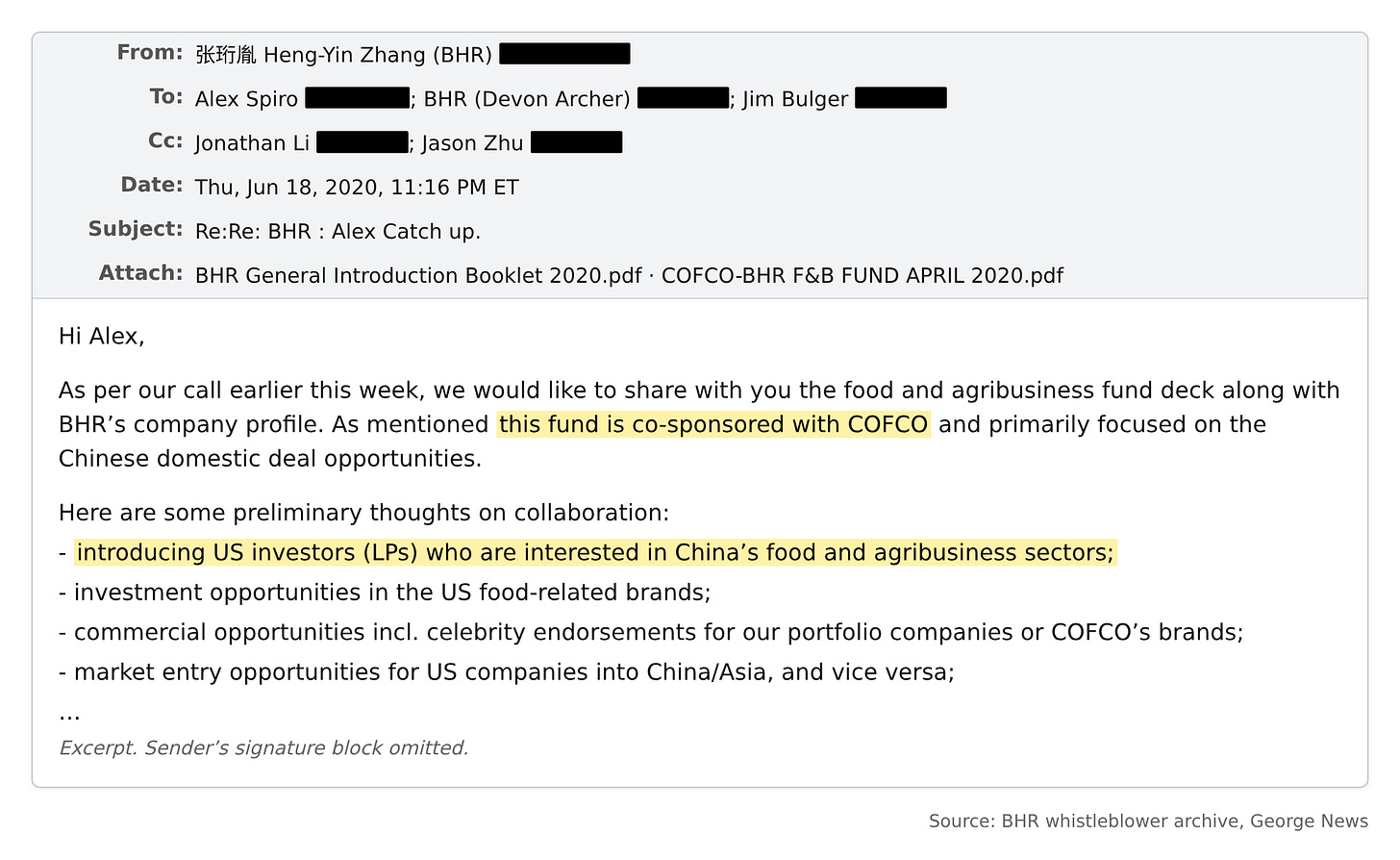Email, June 18, 2020: BHR sends Spiro the COFCO fund deck