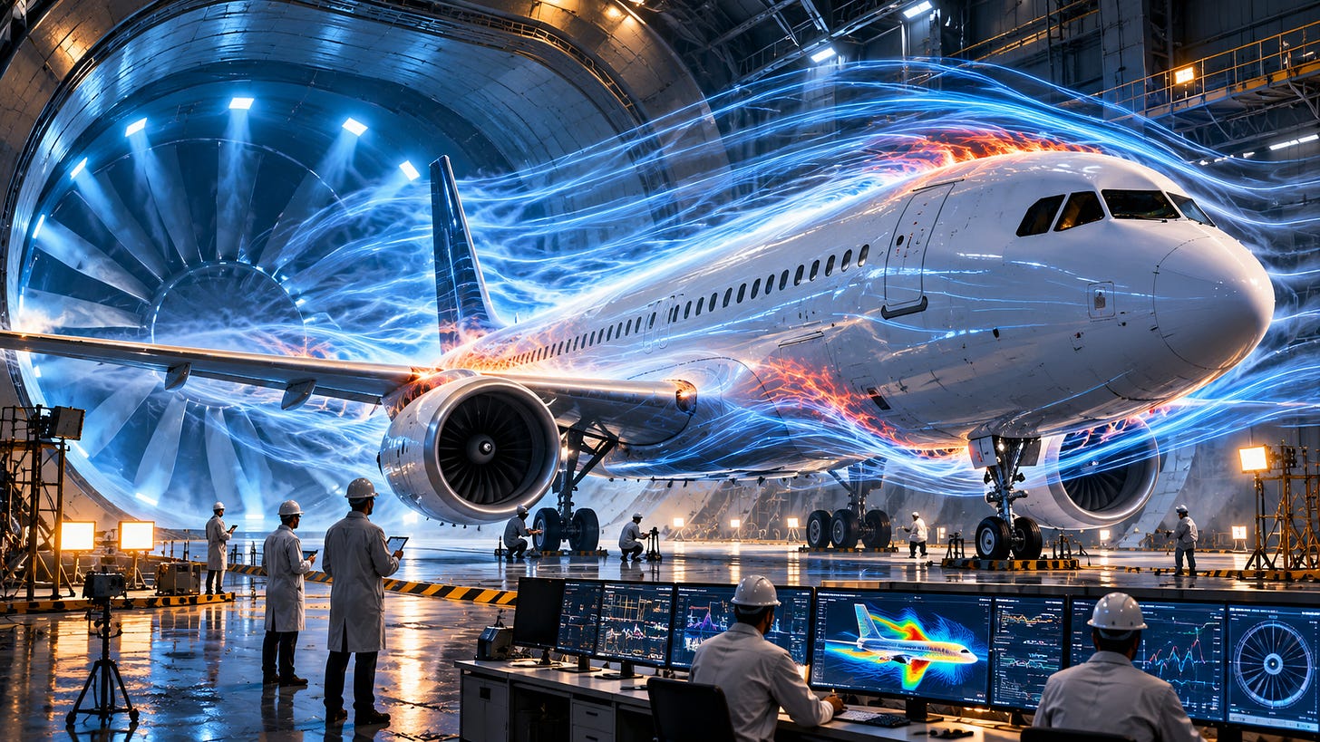 Aircraft undergoes wind tunnel testing as engineers measure performance under extreme conditions. Aircraft undergoes wind tunnel testing as engineers measure performance under extreme conditions.