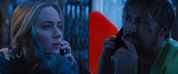 Emily Blunt and Ryan Gosling in a split-screen nighttime phone conversation, both appearing pensive and lit by cool blue tones.