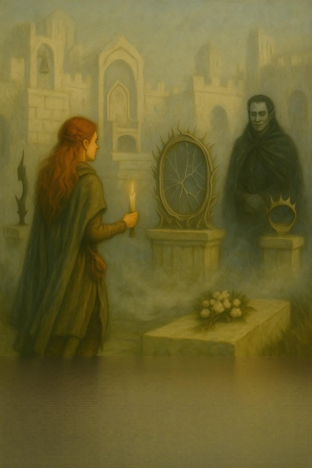 A dreamlike fantasy image of Ireena's vision. Ireena, resembling Tamsin McKenzie but with flowing red hair, steps into a mist-shrouded city of white stone. The air is silver and still, with bells ringing faintly in the distance. She walks past an empty throne carved from pale marble, its seat untouched and regal. In the courtyard beyond, a single unmarked grave rests beneath a tree. A fresh bouquet lies atop the grave, its petals vivid against the pale stone. Beside it stands a man with Strahd’s face—his features unmistakable, but his eyes are blank, unreadable, as if the soul behind them is gone or unreachable. The atmosphere is solemn and surreal, with soft candlelight hues and muted whites and silvers.