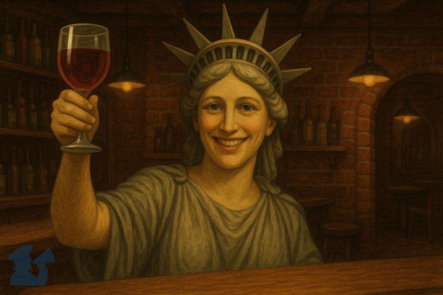 Illustration of Lady Liberty raising a glass of wine in cheers Illustration of Lady Liberty raising a glass of wine in cheers