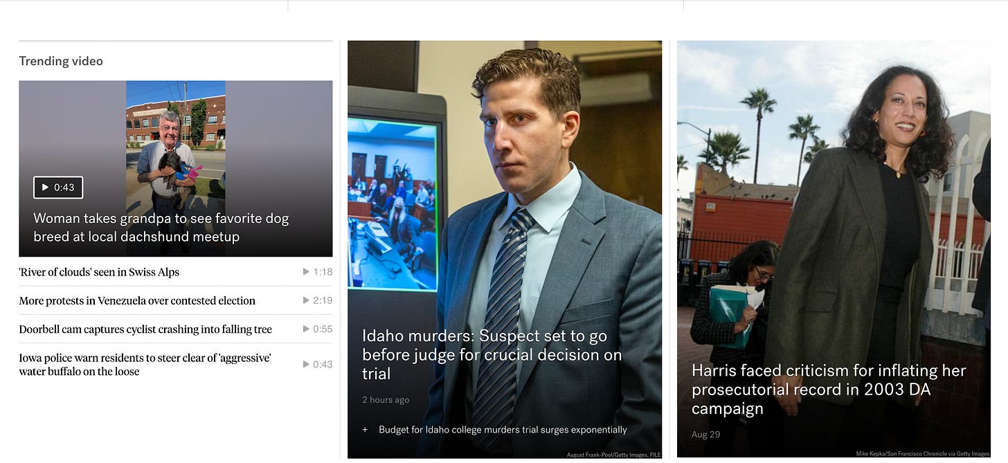 screenshot of ABC News homepage: BIG SPLASH pic of Idaho murder defendant, next to BIG SPLASH pic of Kamala "criticized" for "inflating her record"