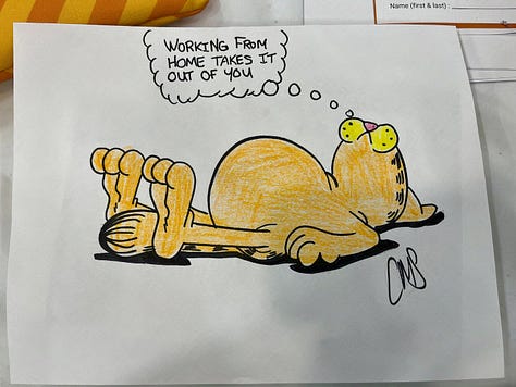 drawings of garfield the cat, from pencil, to ink, to color 