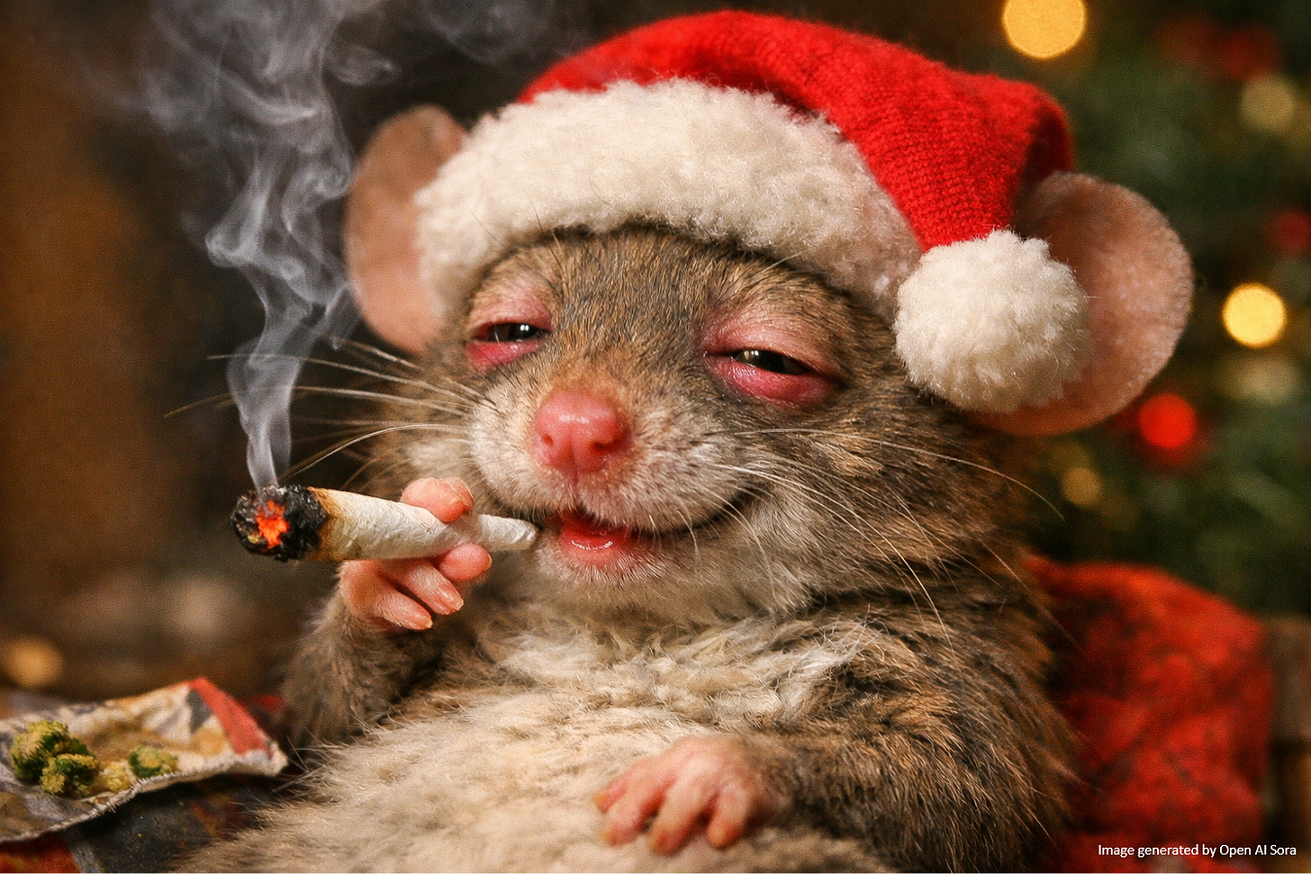 Picture of a very stoned little mouse, wearing a Santa Cap and holding a joint. Picture of a very stoned little mouse, wearing a Santa Cap and holding a joint.