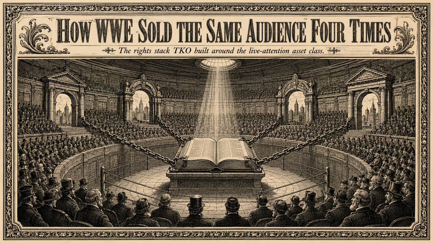 Editorial wood-engraving cover illustration in the Harper's Weekly magazine style for Attention Capital's essay How WWE Sold the Same Audience Four Times. The cover carries the title masthead in ornamented late-19th-century engraved serif typography across the top, with the subtitle "The rights stack TKO built around the live-attention asset class" in italic serif beneath, framed by a decorative Victorian border. The central illustration shows a monumental neoclassical amphitheater holding a packed crowd of 19th century spectators facing inward toward a massive contractual ledger on a stone pedestal at the center of the ring, with four heavy iron chains running outward through four distinct stone archways. A shaft of light from a clerestory oculus illuminates the ledger. The image visualizes TKO's parsed rights stack across four credit-grade counterparties, the central thesis of Attention Capital's analysis of the WWE Netflix Raw deal, NBCU SmackDown deal, ESPN Premium Live Events deal, and Paramount UFC deal worth roughly $2.2 billion in annual coupons.