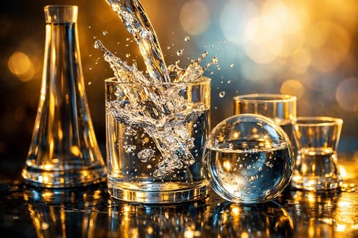 Water filling different shaped glasses, each one creating distinct light patterns and reflections, metaphor for identity taking shape in different relational encounters