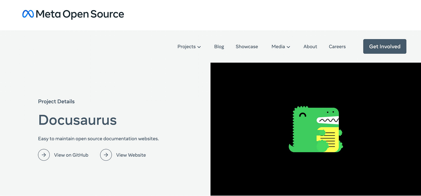 May be an image of text that says '00 Meta Open Source Projects ∨ Blog Showcase Media About Careers P Details GetIned Docusaurus E websites. maintain open source documentation View Gu View Website'