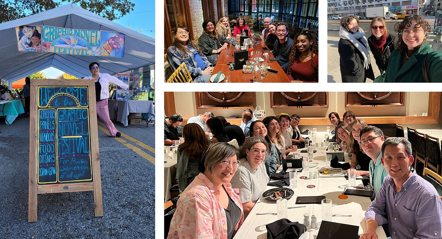 Compilation of photos from different comic events including a sign for graphic novel fest along with two images of cartoonists at a table and one of a selfie Compilation of photos from different comic events including a sign for graphic novel fest along with two images of cartoonists at a table and one of a selfie