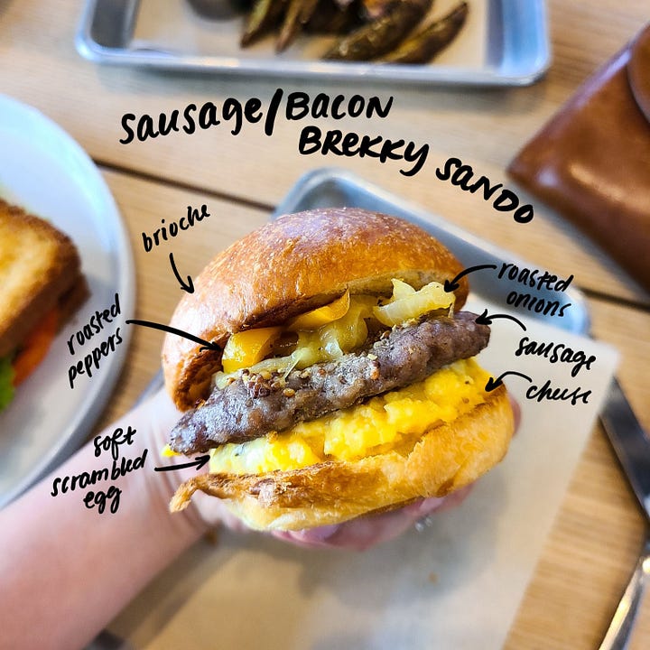 Stable Hand Sausage Bacon Egg Brekky Sando and B.L.T.