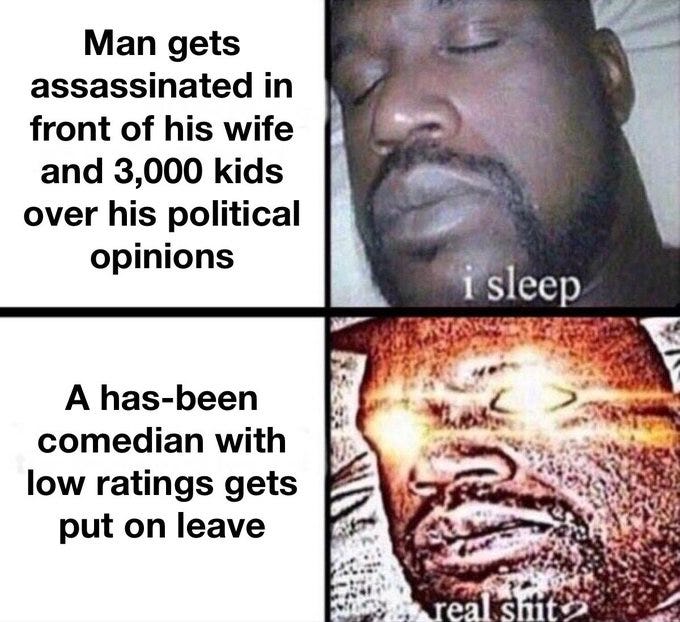 A two-panel meme featuring a man with closed eyes in the top panel and an intense expression in the bottom panel. The top panel has text reading "Man gets assassinated in front of his wife and 3,000 kids over his political opinions" with "I sleep" below it. The bottom panel has text reading "A has-been comedian with low ratings gets put on leave" with "real shit?" below it.