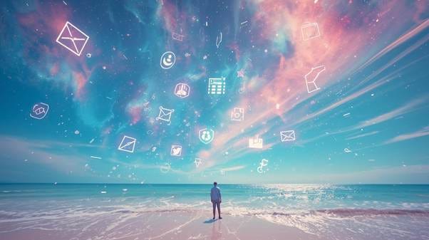 A person standing on a beach with icons flying above

AI-generated content may be incorrect.