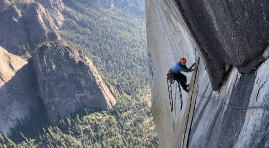 climber on yosemite's dawn wall