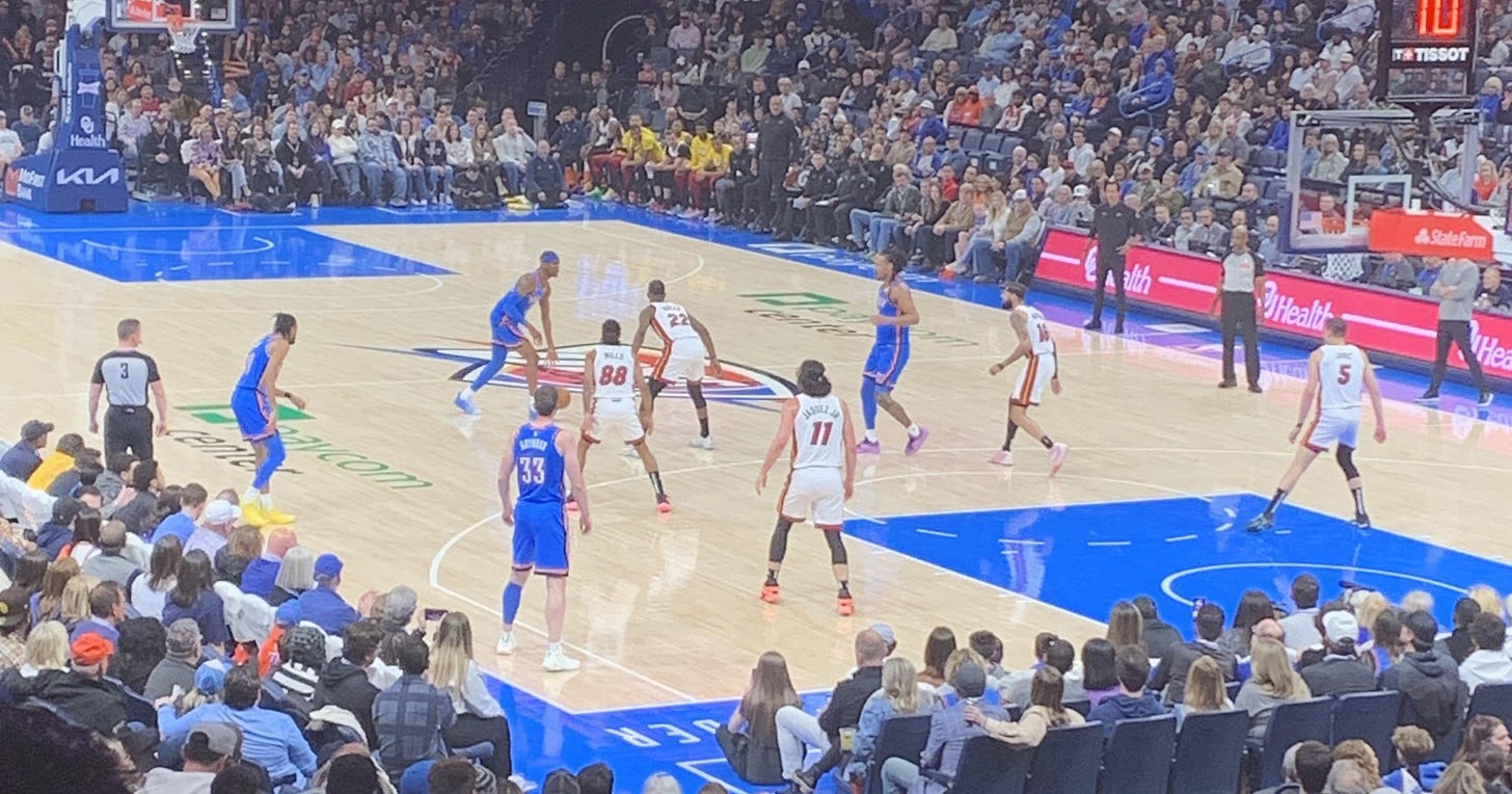 Oklahoma City Thunder in blue jerseys playing at home against the Miami Heat at Paycom Center. Oklahoma City Thunder in blue jerseys playing at home against the Miami Heat at Paycom Center.