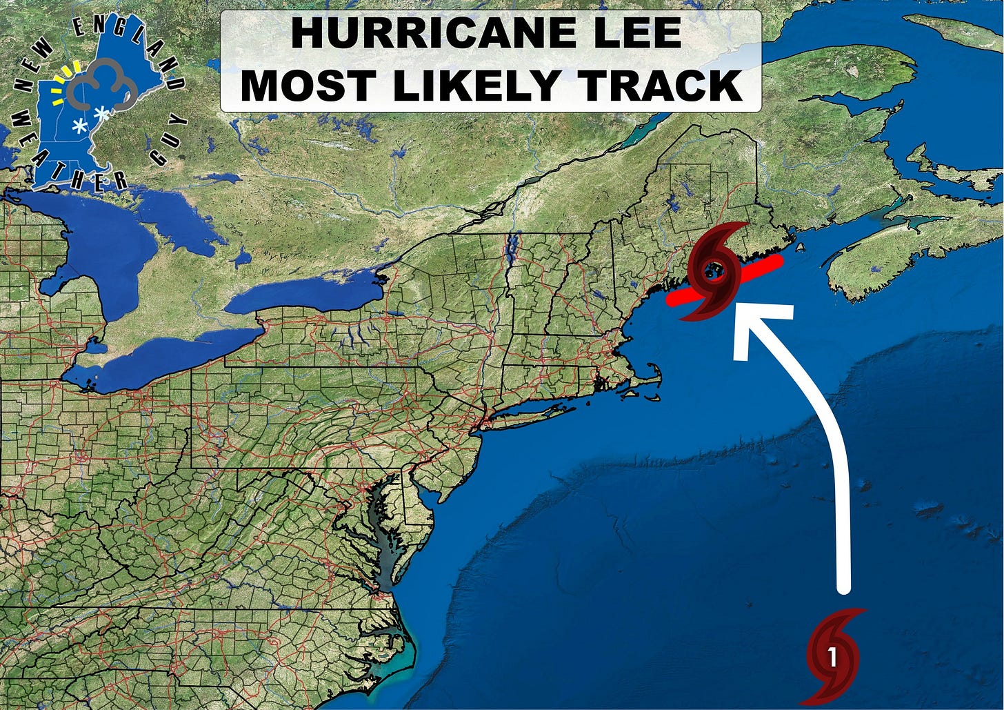 May be an image of map, tornado and text that says 'HURRICANE LEE MOST LIKELY TRACK GUY 1'
