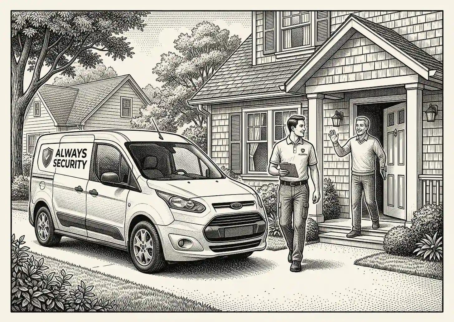 a residential security technician walks towards his pristine service vehicle after completing work