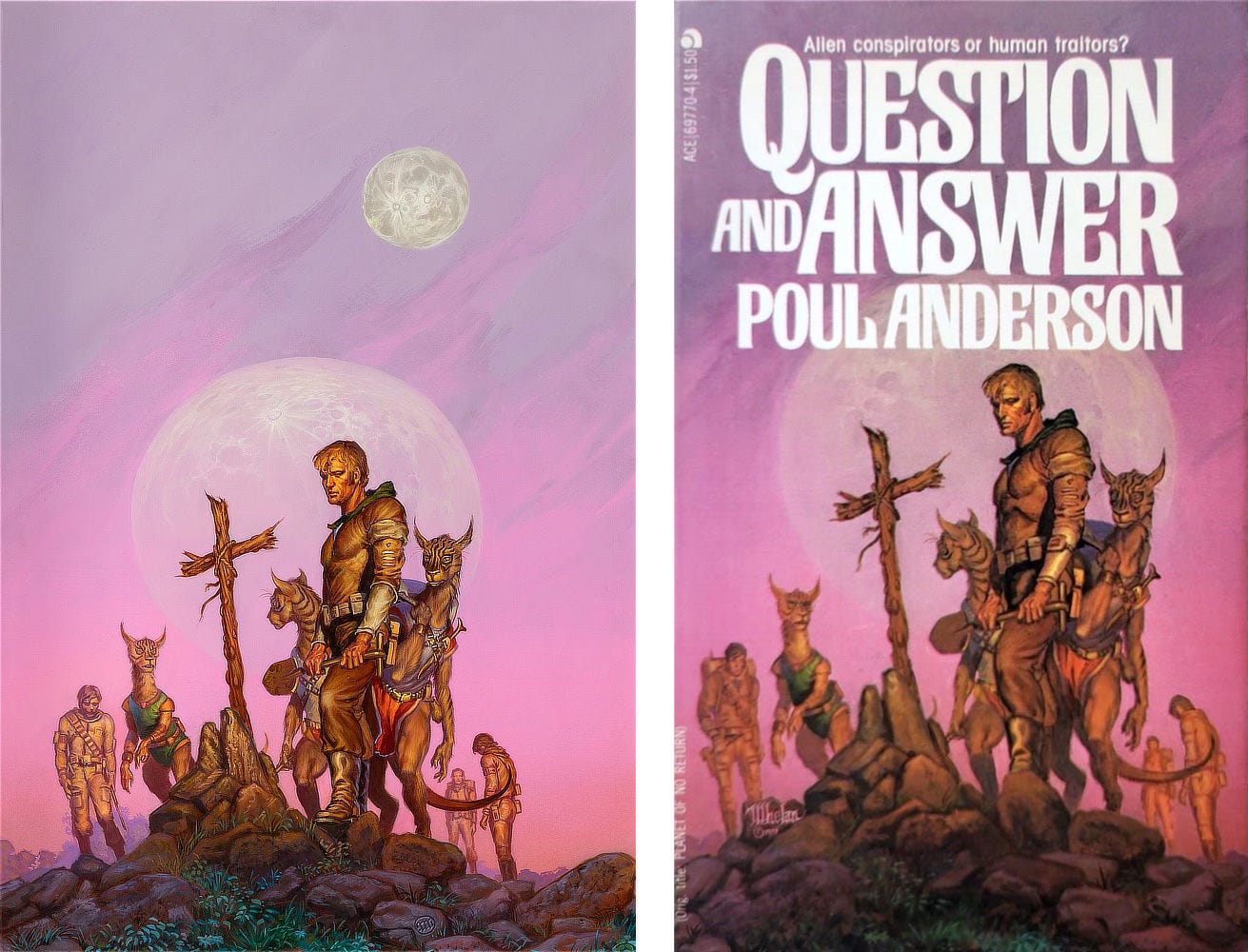 Illustration and cover side-by-side. Cover text includes “Alien conspirators or human traitors?”  A man stands with a shovel in hand as he regards a cairn set with a makeshift cross made of wood and twine. Around him is a mixed group of humans and bipedal aliens. The humans drop their heads dejectedly. The alien bodies resemble that of a kangaroo while the head, ears, and stripes are reminiscent of a lynx. The scene is set against a pearlescent pink and lavender sky with a huge craggy moon hanging low and another smaller moon floating high above.