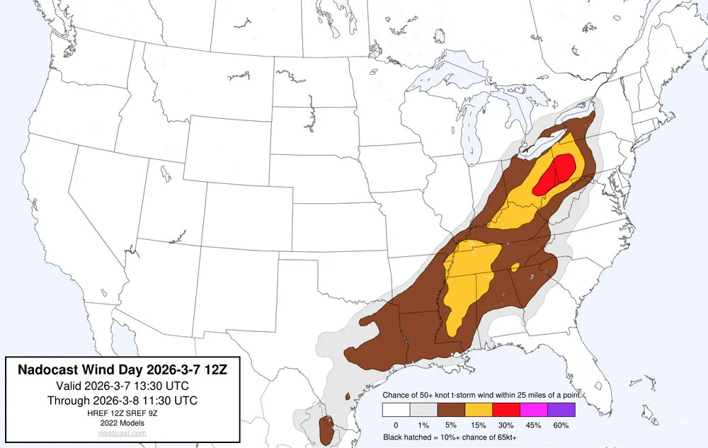 12z Day #Wind Forecast - map of the United States depicting areas of wind risk using various colors