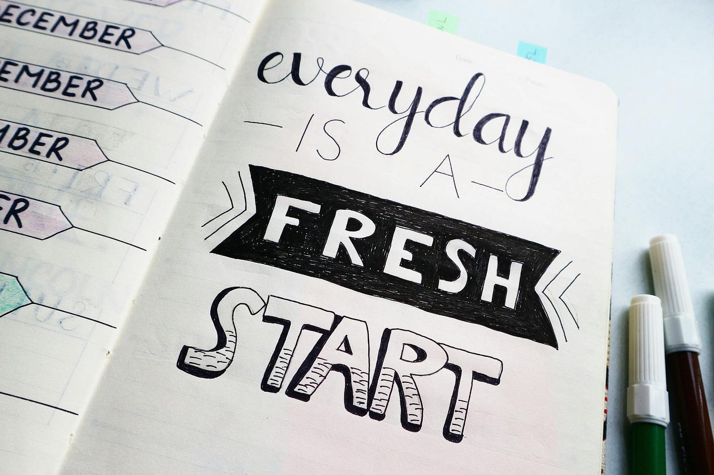 Page of a notebook that says: Everyday is a fresh start"