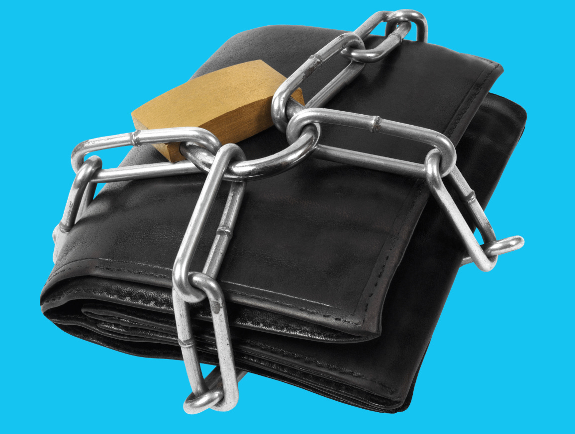 Wallet chained shut on blue background