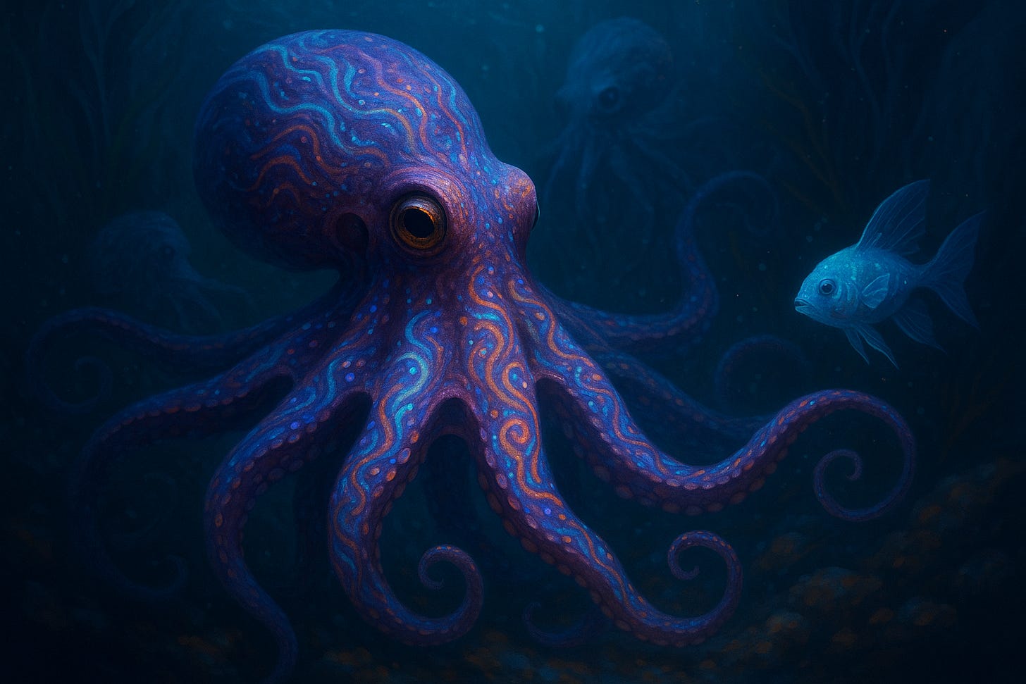 Large stylised octopus at left, skin rippling with cyan–orange swirls; tentacles coil softly above a dim seabed. A small blue fish hovers to the right. Two faint octopus shapes recede in the background. Particles in the water and muted kelp give depth. The posture and changing colours suggest a cautious, non-verbal exchange.