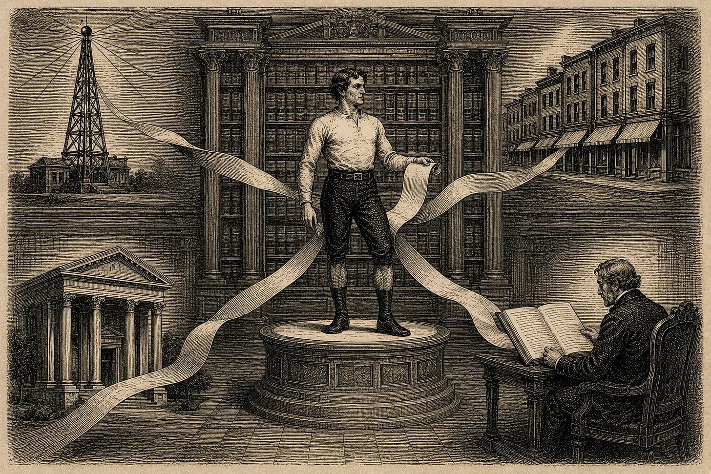 Wood-engraving editorial illustration in the Thomas Nast Harper's Weekly style for Attention Capital's essay The Playbook Already Built. The image depicts a central athlete figure on a raised dais with four diverging streams of bound contract paper flowing to four institutional anchors: a broadcasting tower, a row of mercantile shopfronts, a classical temple, and an open ledger. The visual argument: athlete commercial cash flows already run through documented contracts across broadcasting, endorsement, equity, and licensing, all four collateral types that institutional credit could underwrite the day a rated ABS template exists. Keywords: athlete credit, athlete commercial ABS, SpringHill, Tom Brady Fox deal, Patrick Mahomes, sports private credit, behavioral cash flow.