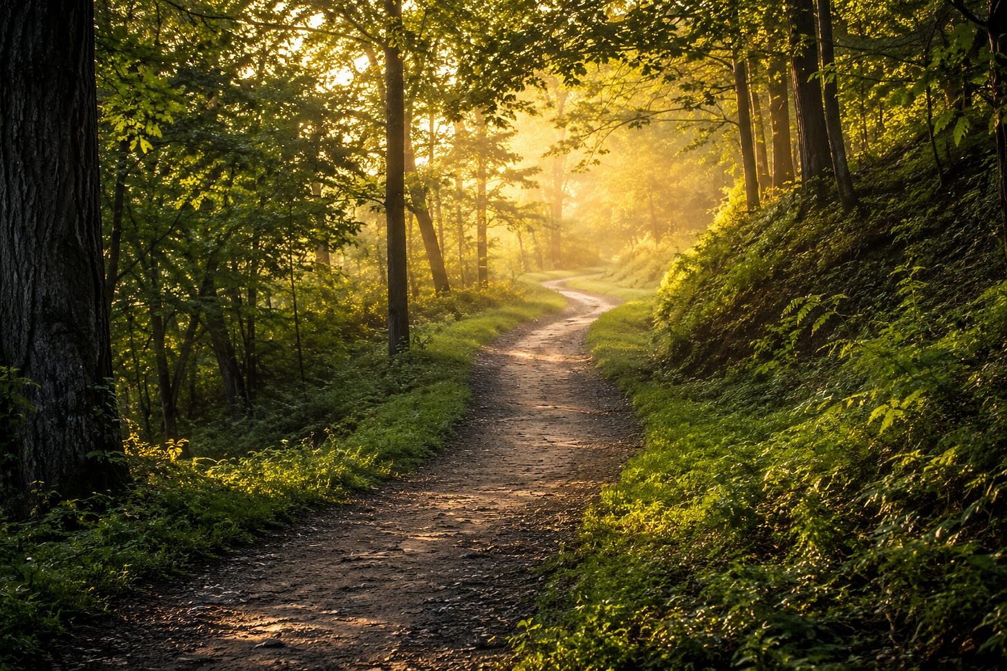 A winding woodland path bathed in warm morning light disappearing into the distance, symbolizing faithfulness over time. A winding woodland path bathed in warm morning light disappearing into the distance, symbolizing faithfulness over time.