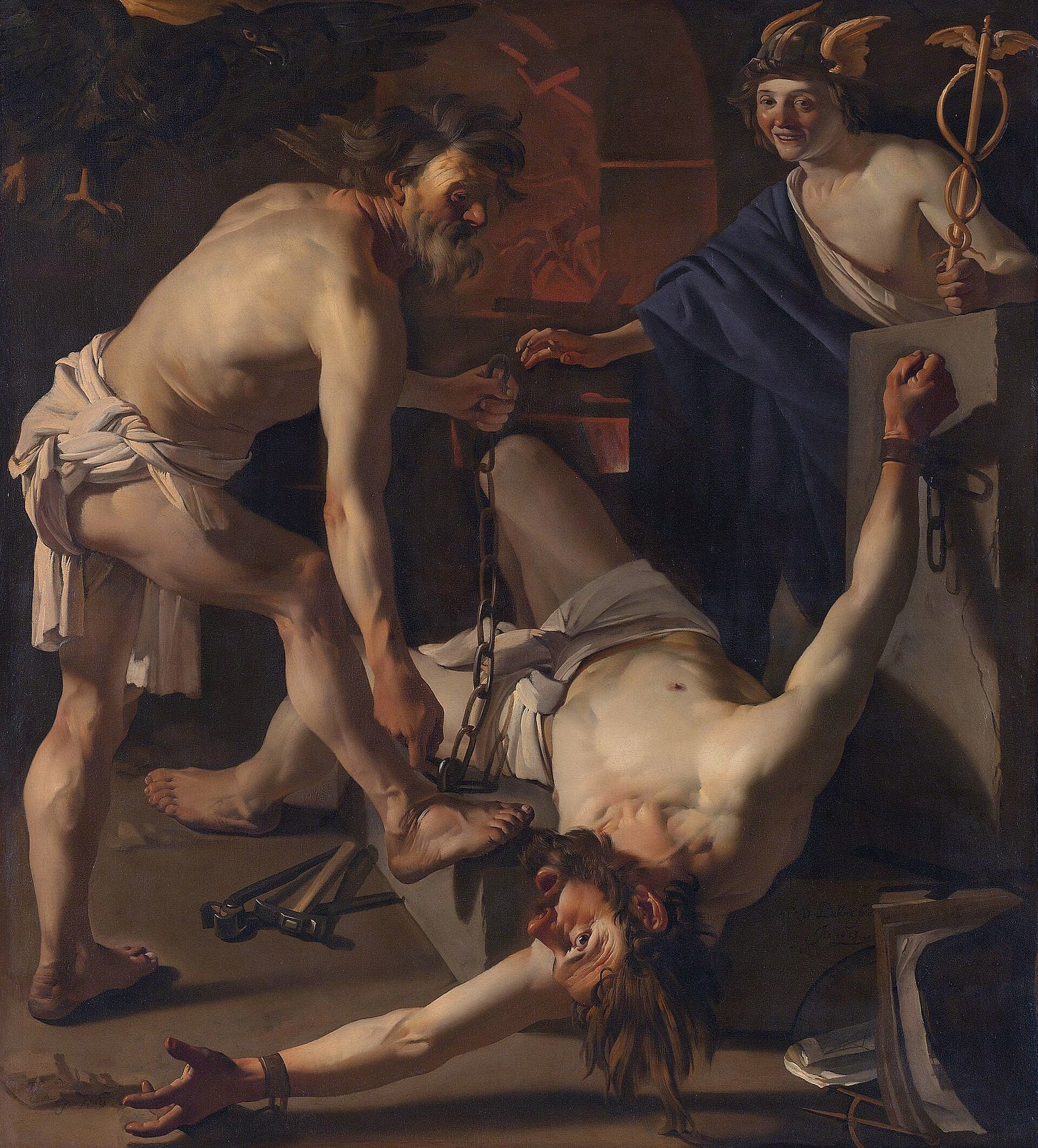 A naked man lies on his back, head toward the viewer, while a bearded smith pins him down with his foot and pulls a chain tight, and behind them a young god in a winged hat, holding a caduceus, grins as a forge glows in the dark.