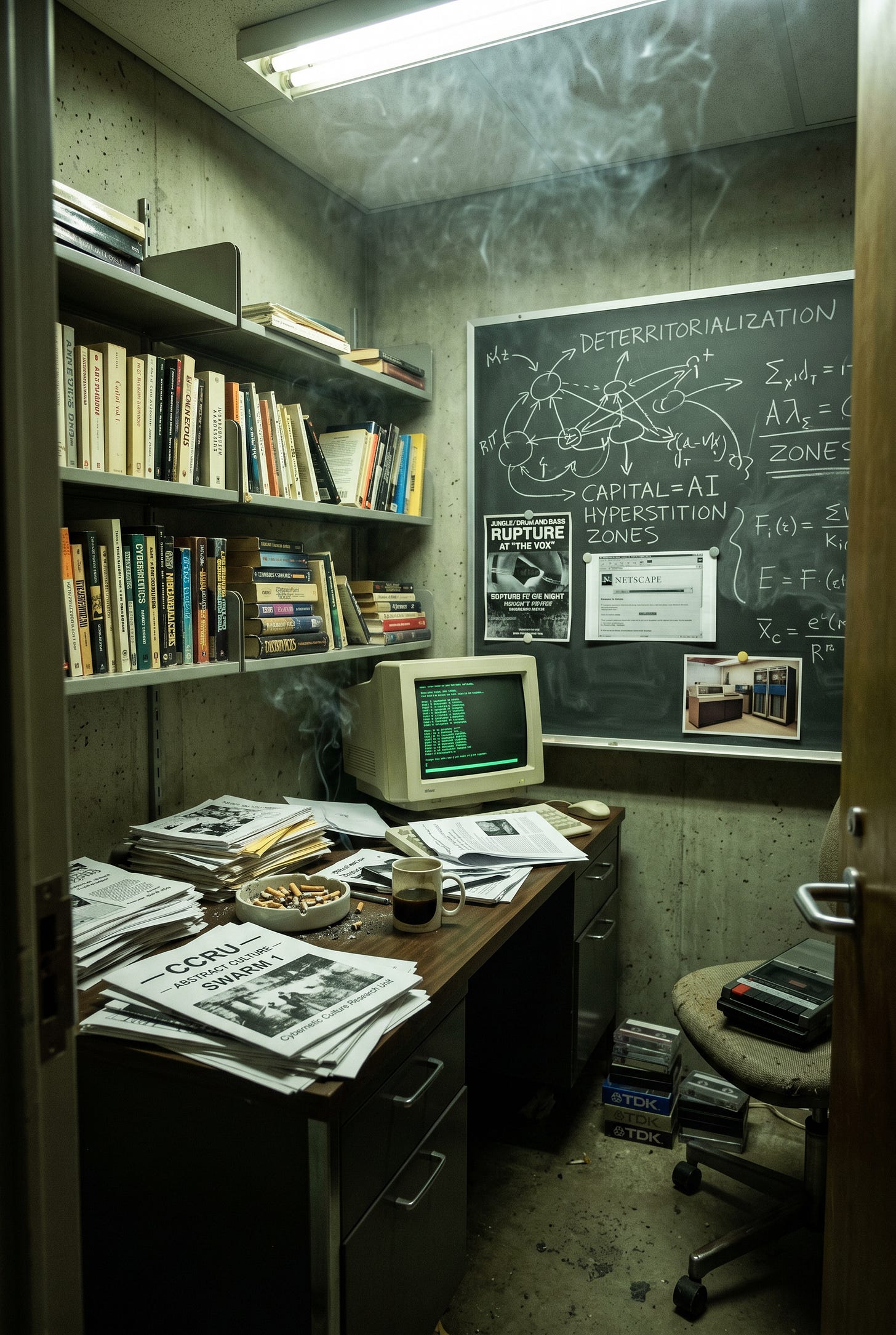 Grainy 1990s photograph of an empty, cluttered university philosophy office. A cluttered desk with a CCRU pamphlet, a glowing green CRT monitor, and metal shelves of continental theory paperbacks. A chalkboard behind the desk is covered in handwritten rhizomatic diagrams and the words "deterritorialization" and "capital=AI."