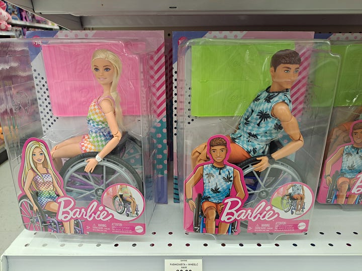 Wheelchair Barbie and Ken on a store shelf
