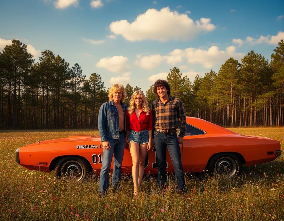 Throuple of Dukes of Hazard cast with Bo, Luke, and Daisy Duke Throuple of Dukes of Hazard cast with Bo, Luke, and Daisy Duke