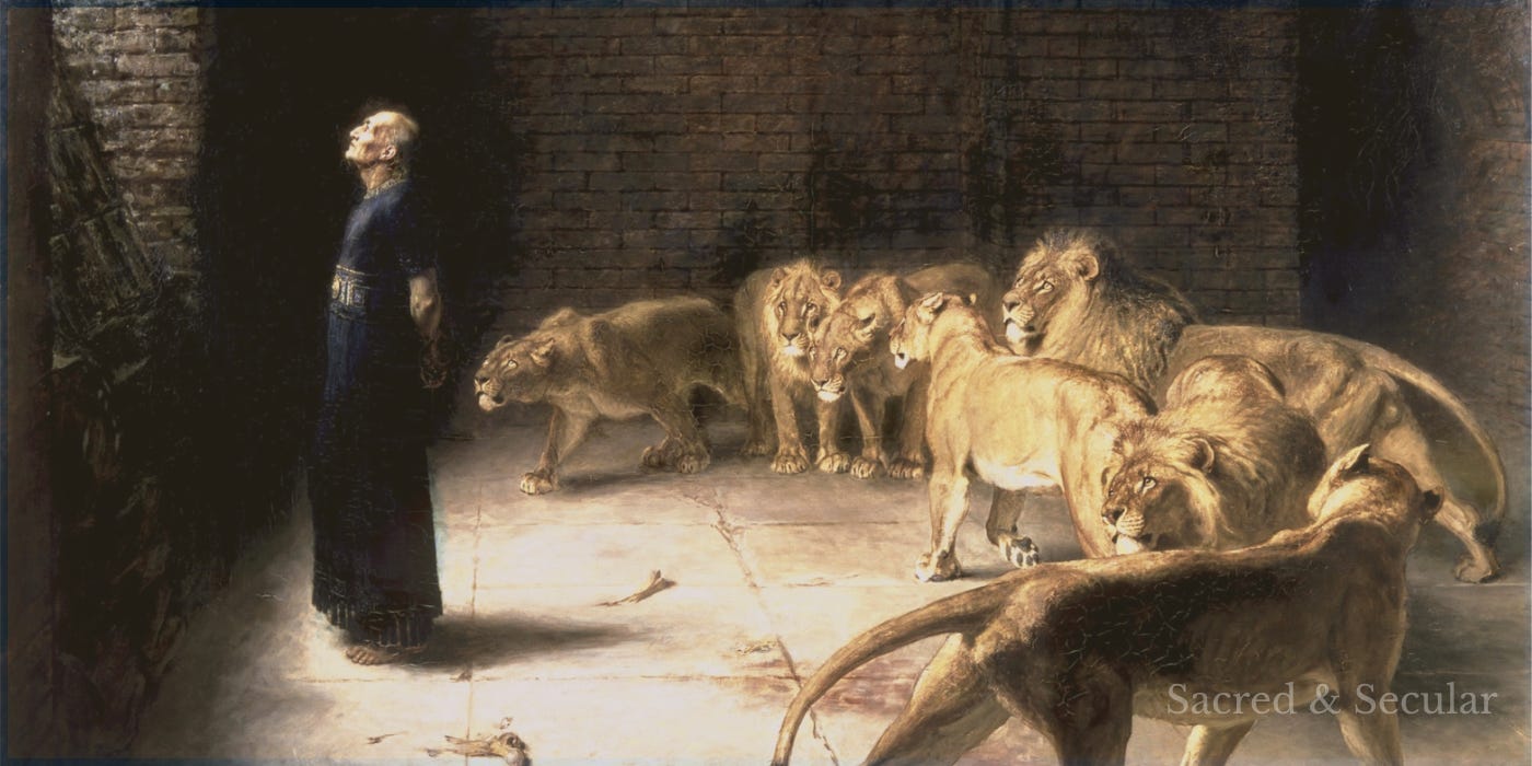 A painting of an elderly Daniel standing calmly inside a dark lions’ den while several lions gather around him. Light falls across Daniel and the animals, creating a dramatic but peaceful scene that emphasises his composure and trust rather than fear. A painting of an elderly Daniel standing calmly inside a dark lions’ den while several lions gather around him. Light falls across Daniel and the animals, creating a dramatic but peaceful scene that emphasises his composure and trust rather than fear.