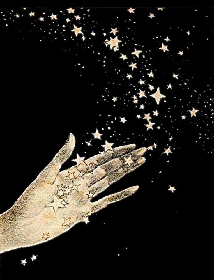 This may contain: a hand reaching for stars in the night sky