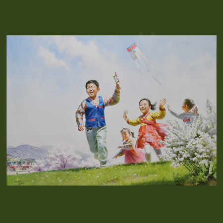Deux peintures de propagande nord-coréennes montrant des enfants heureux jouant sur une terre magnifique, grâce au socialisme