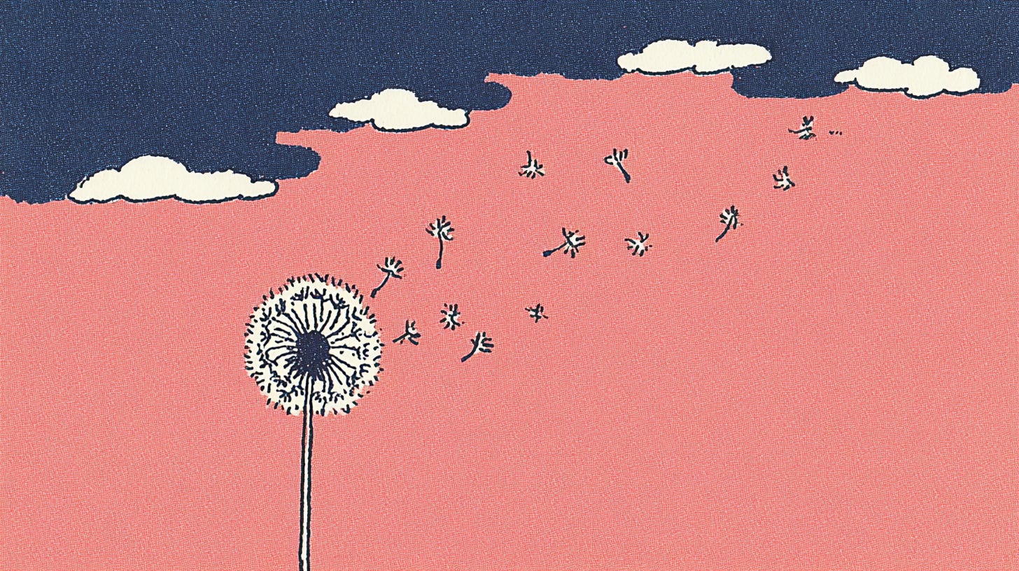 Dandelion seeds blowing away, each seed a tiny thought bubble dissolving into air